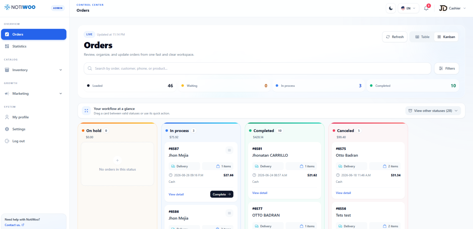 NOTIWOO real-time WooCommerce order dashboard in light mode