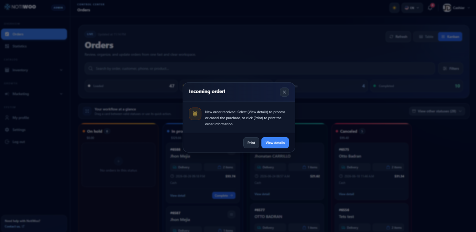 NOTIWOO real-time WooCommerce order dashboard in dark mode