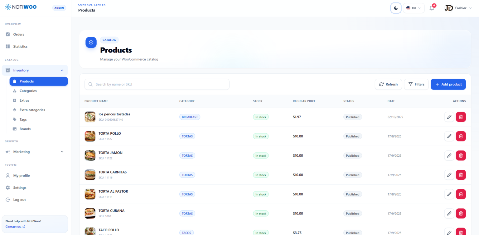 NOTIWOO order panel with WooCommerce orders grouped by status