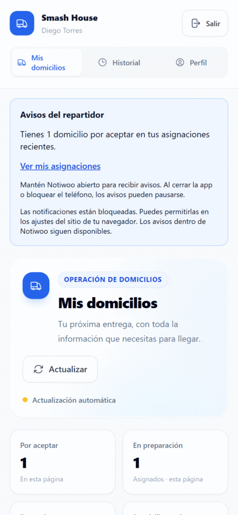 App del repartidor de NOTIWOO con los domicilios asignados
