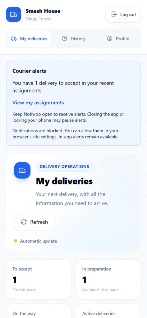 App del repartidor de NOTIWOO con los domicilios asignados