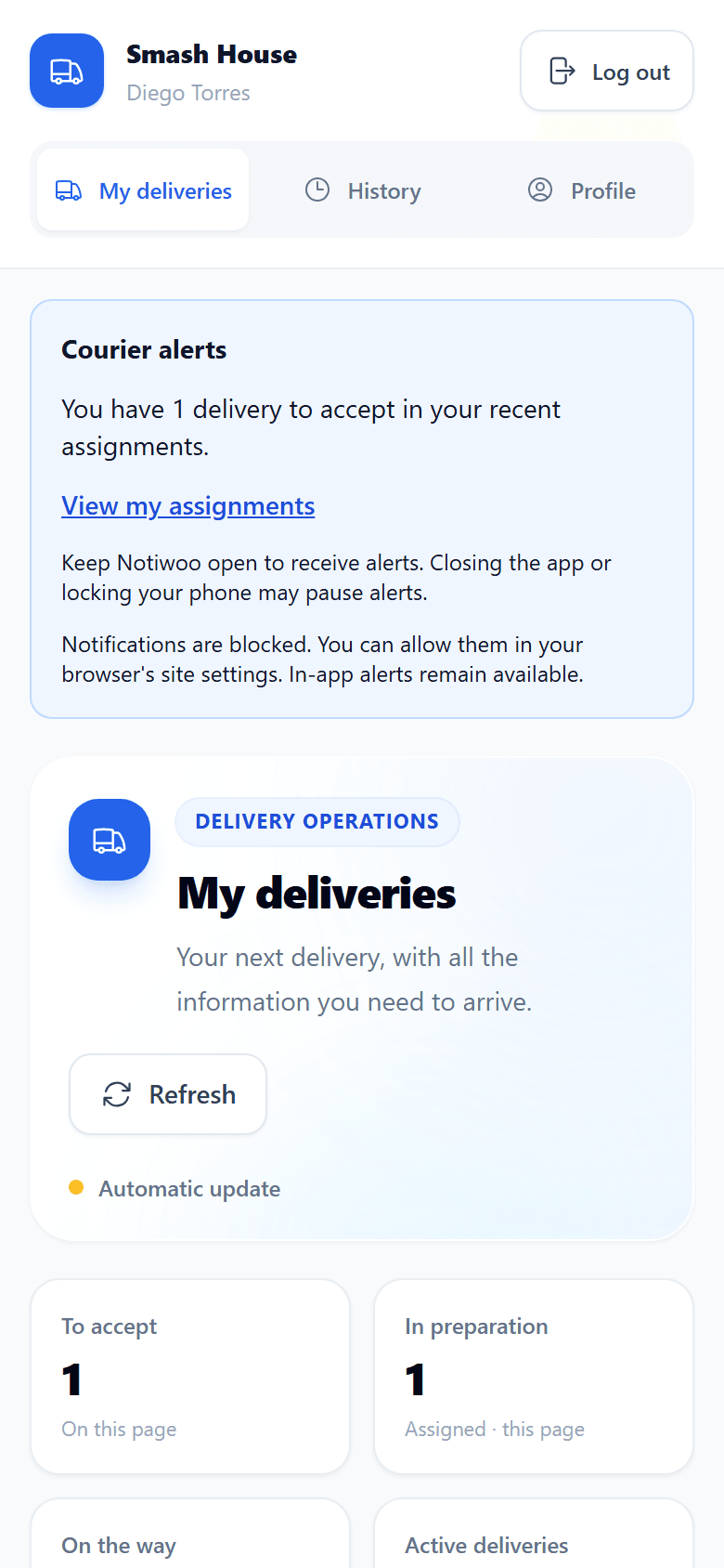 NOTIWOO courier app with the deliveries assigned to a courier