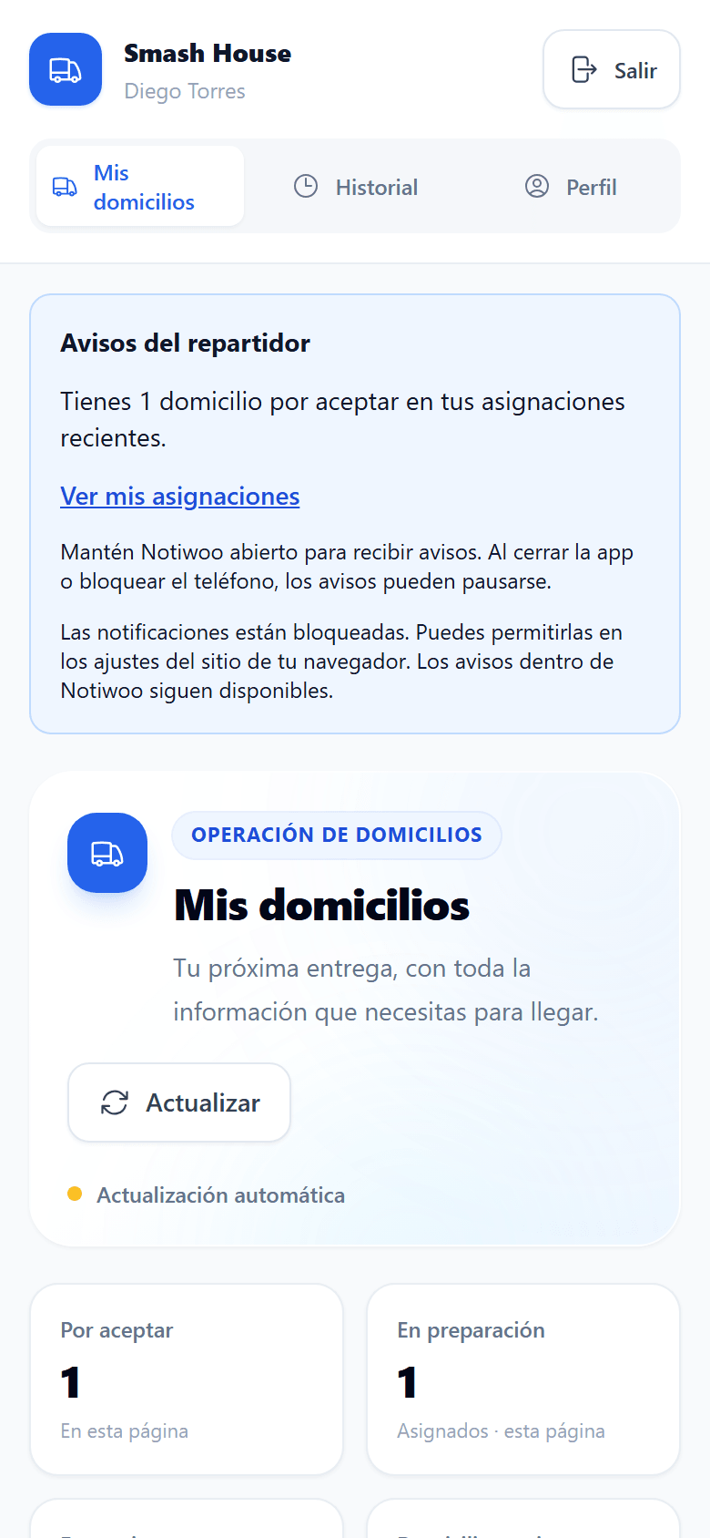 App del repartidor de NOTIWOO con los domicilios asignados