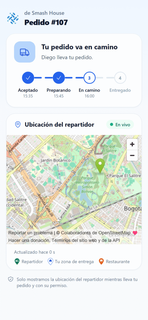 Página de seguimiento del pedido en vivo que el cliente abre desde un enlace privado