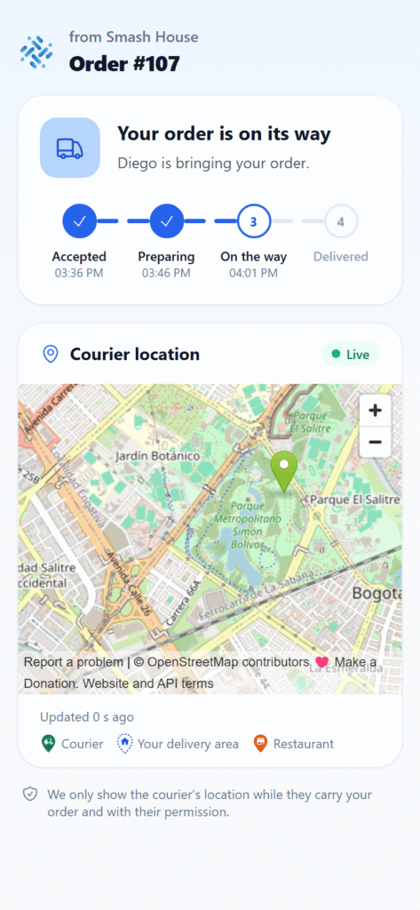 Página de seguimiento del pedido en vivo que el cliente abre desde un enlace privado