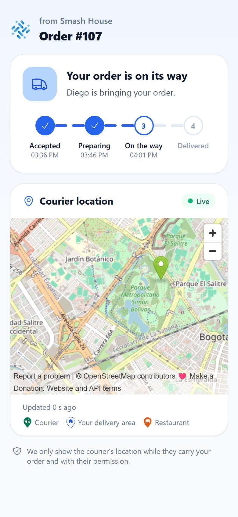 Live order tracking page that the customer opens from a private link