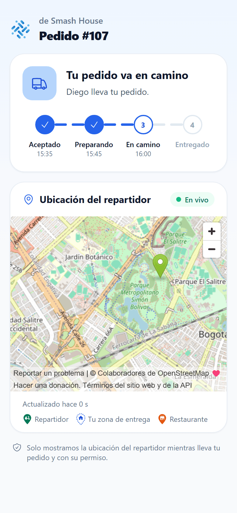Página de seguimiento del pedido en vivo que el cliente abre desde un enlace privado