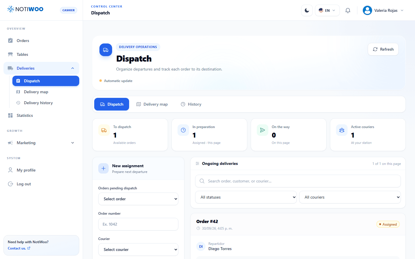 Pantalla de despacho de NOTIWOO para asignar domicilios de WooCommerce a repartidores