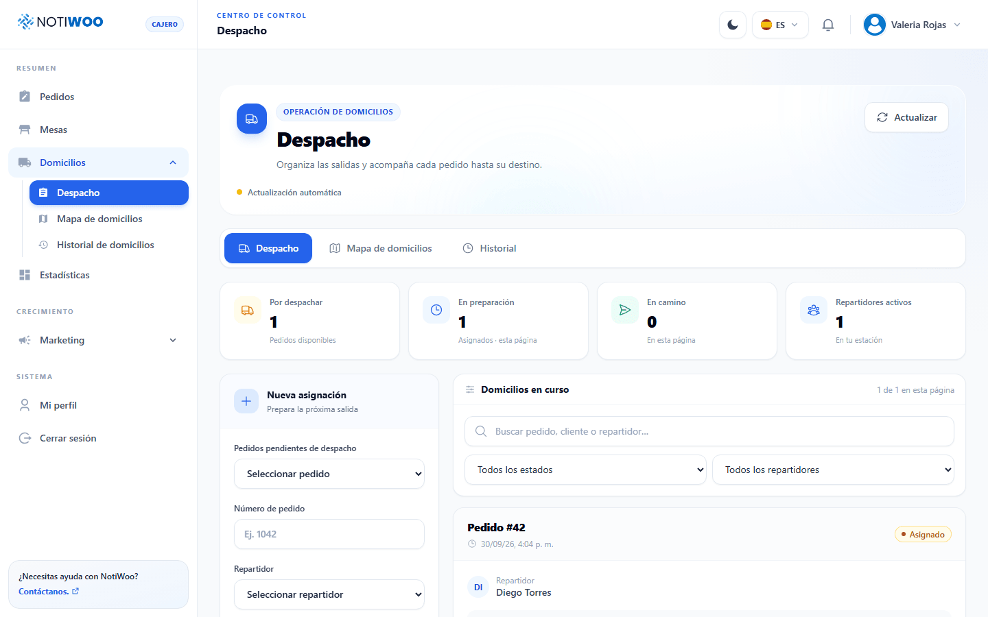 Pantalla de despacho de NOTIWOO para asignar domicilios de WooCommerce a repartidores