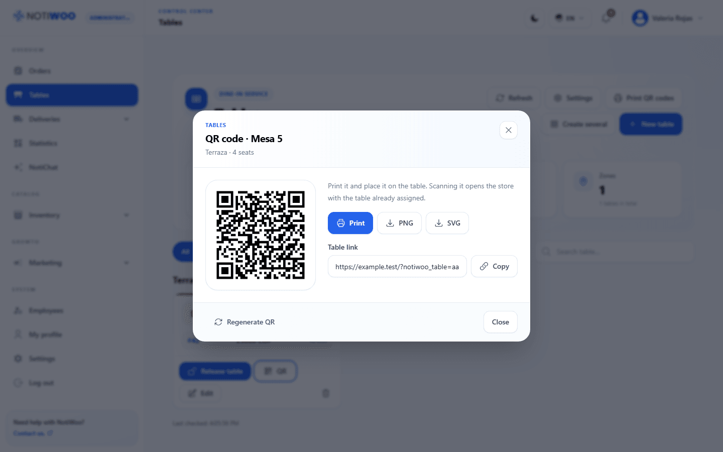 Código QR de una mesa listo para descargar e imprimir en NOTIWOO