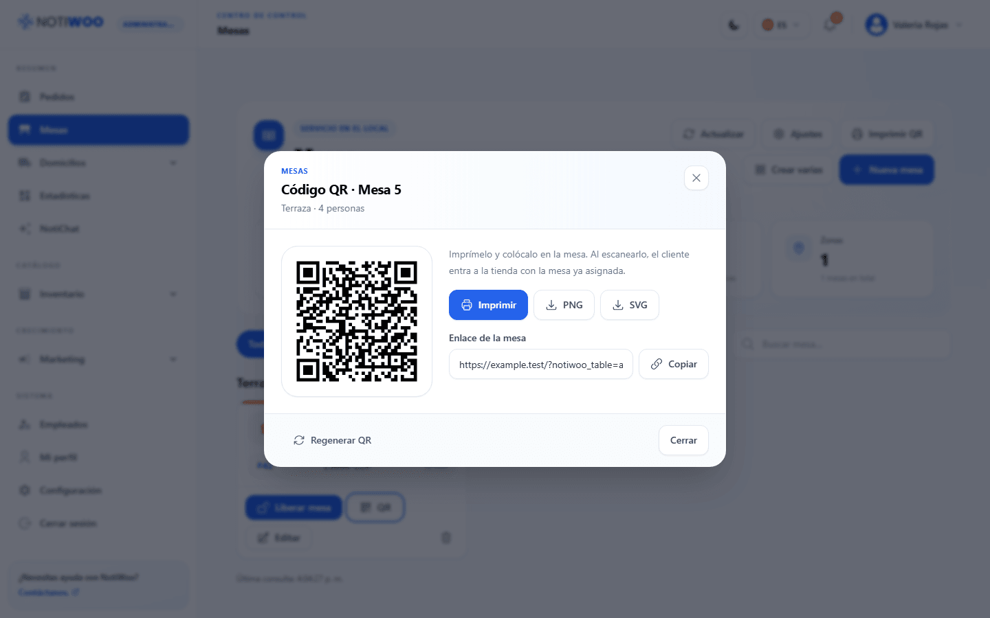 Código QR de una mesa listo para descargar e imprimir en NOTIWOO